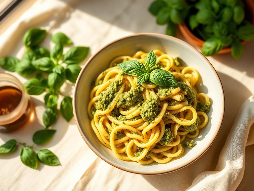 Fusilli met avocado-pesto in een kom
