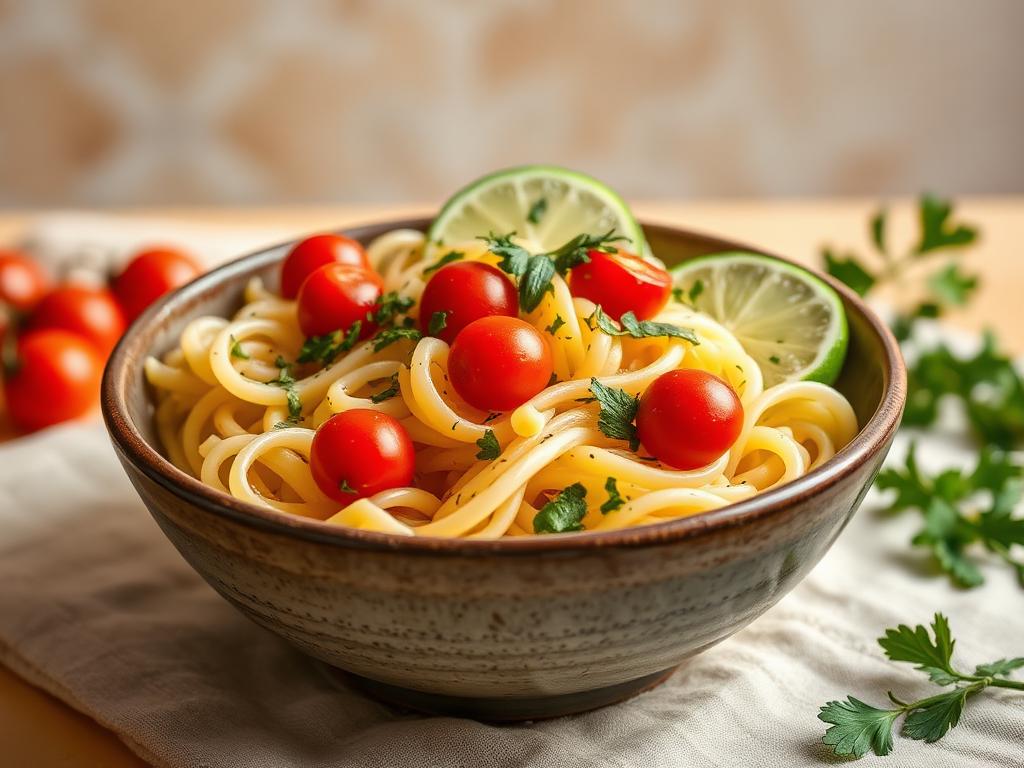 Koude pastasalade met limoen en tomaat
